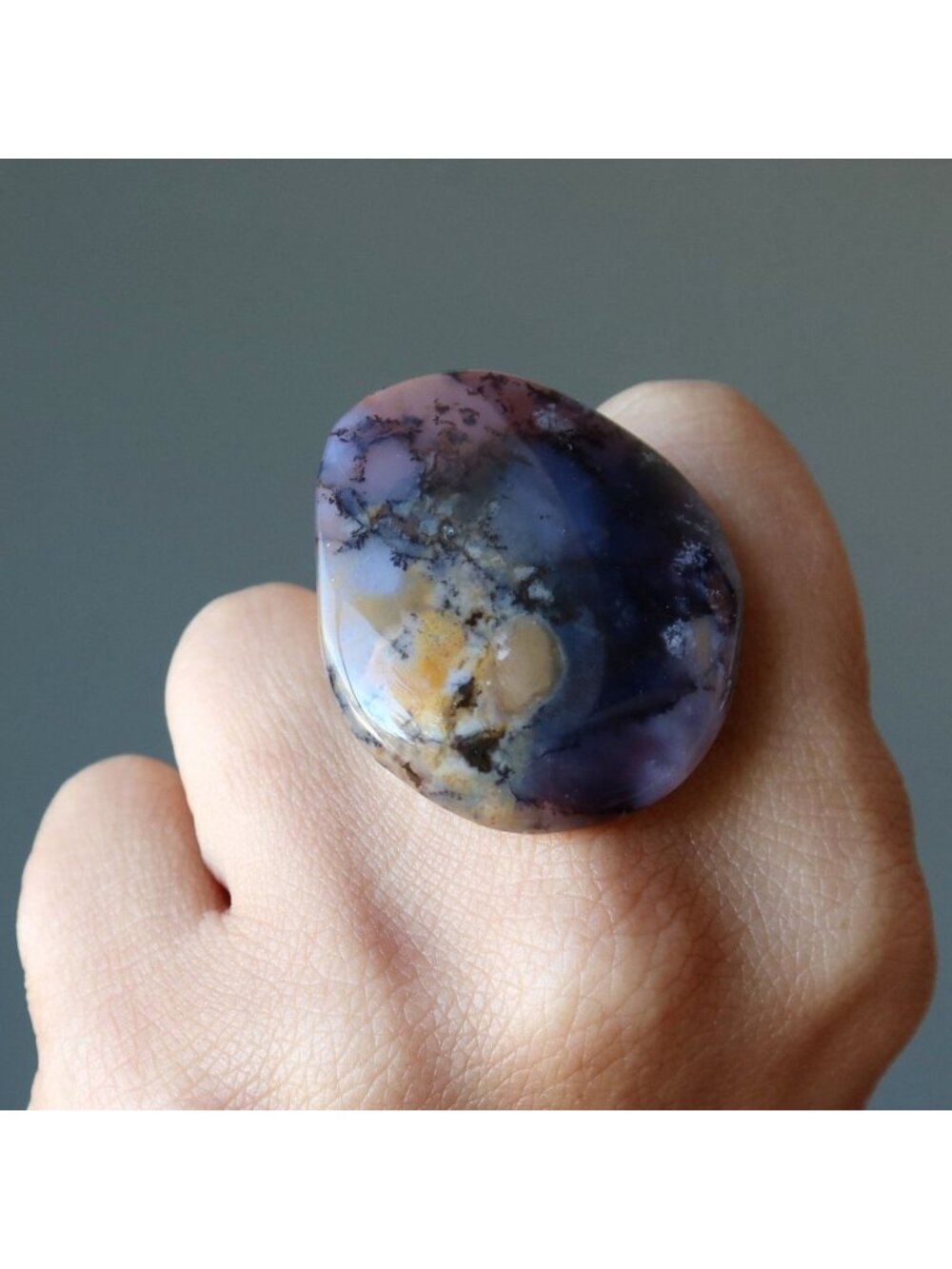 Dendritic Agate Ring Sea Antiqued Bronze Adjustable Purple Statement Jewelry